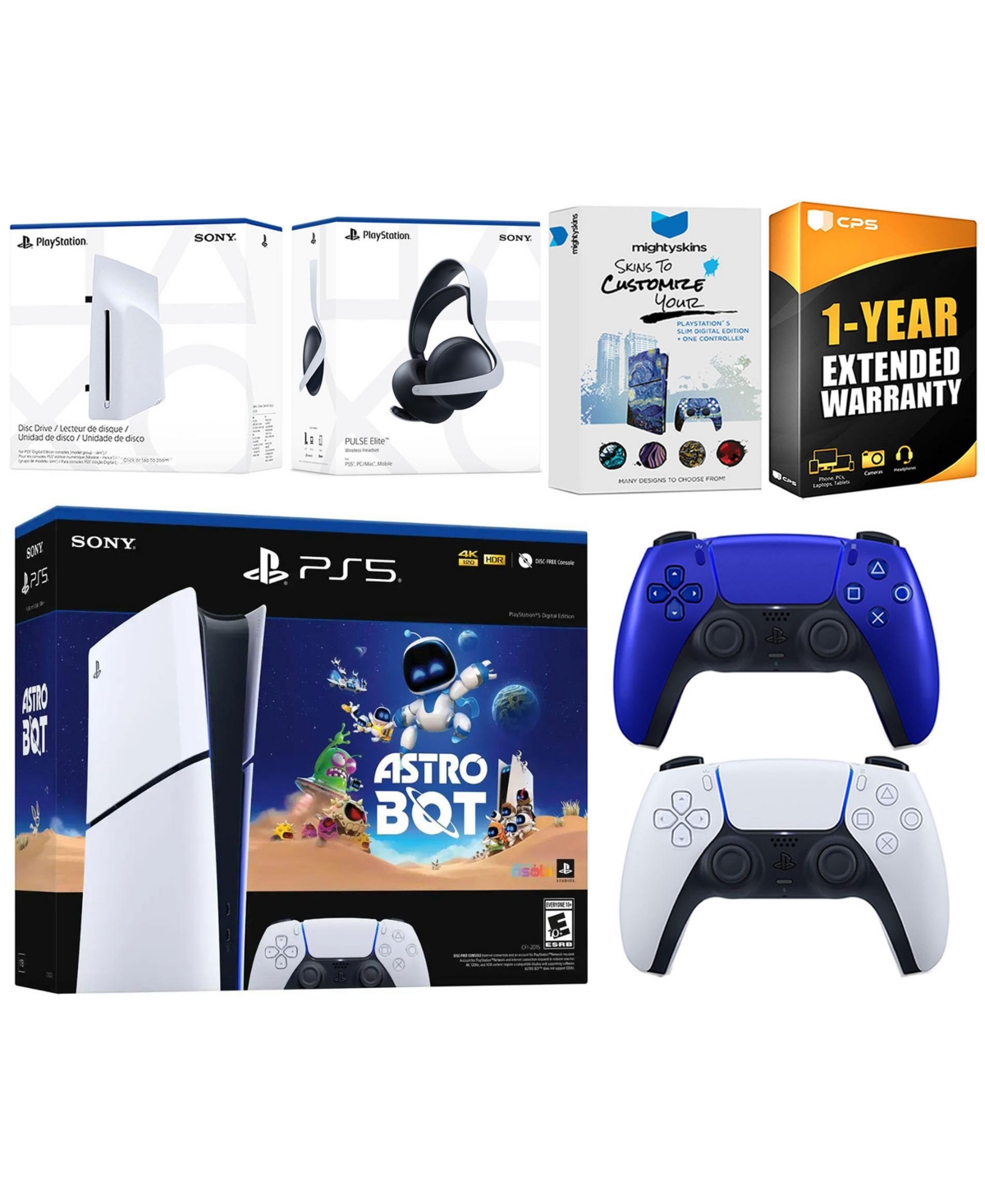 Sony PlayStation 5 Slim Digital Astro Bot Bundle with Disc Drive, Extra Controller, Pulse Elite Headset, MightySkins Voucher and 1 Year Extended Warra