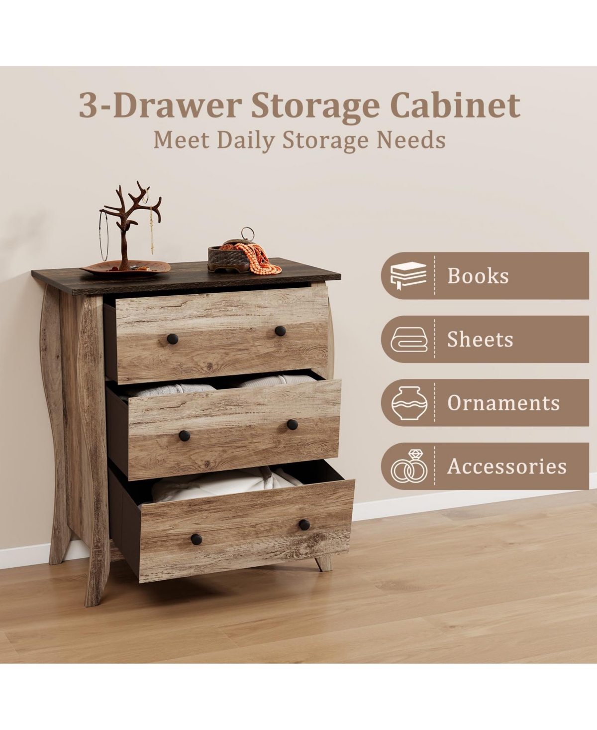 Volenca Dresser for Bedroom with 3 Folding Fabric Drawers and Anti-tipping Kit