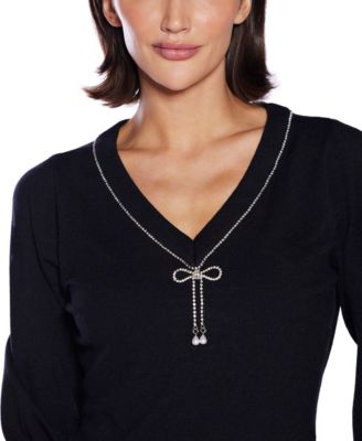  Women's V-Neck Rhinestone-Bow Sweater