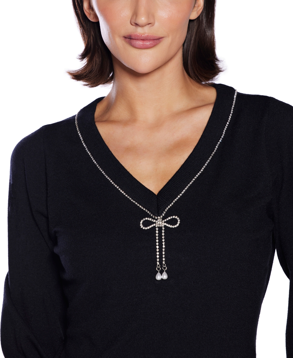 Belldini Women's V-neck Rhinestone-bow Sweater In Black