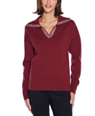 Rhinestone-Trimmed Split-Neck Sweater