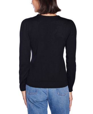  Women's Puff Sleeve Embellished Neckline Sweater