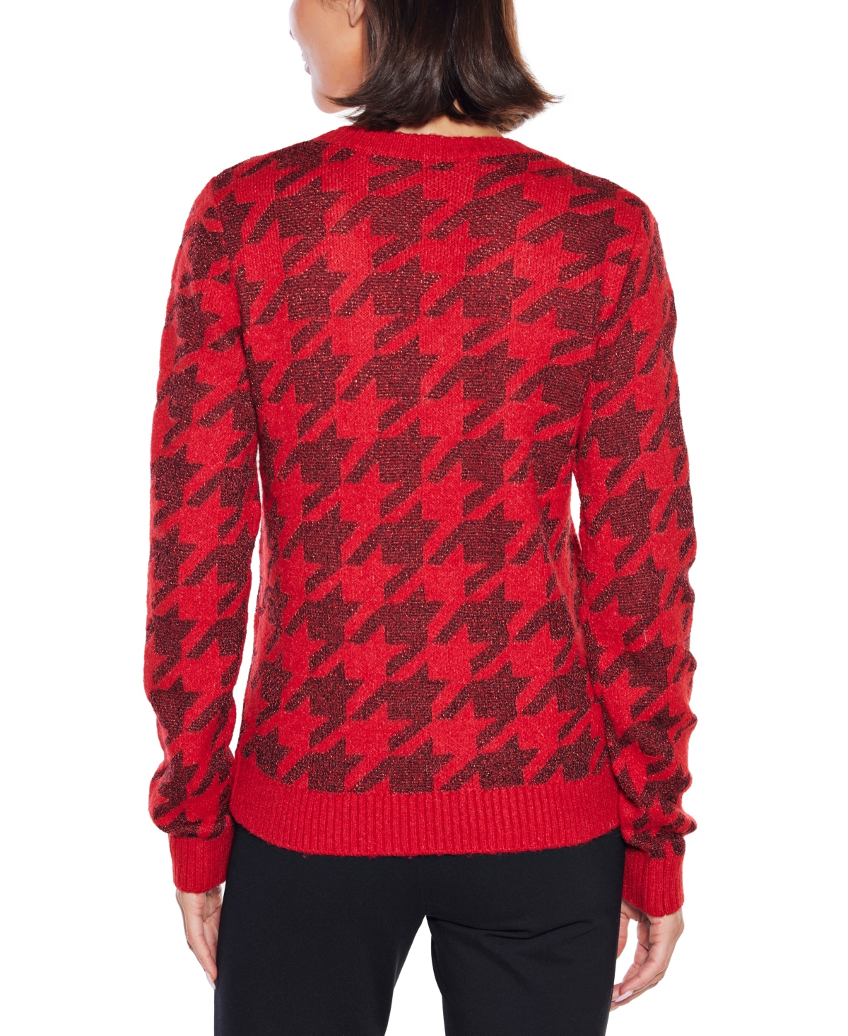 Belldini Plus Size Stylized-houndstooth V-neck Sweater In Red