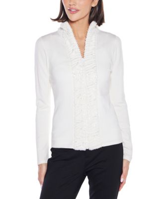 Black Label Women’s Faux Fur Trim Rhinestone-Zip Cardigan Sweater