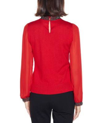 Black Label Women’s Rhinestone-Neckline Chiffon-Sleeve Sweater