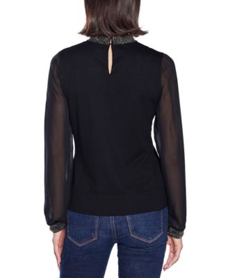 Black Label Women’s Rhinestone-Neckline Chiffon-Sleeve Sweater