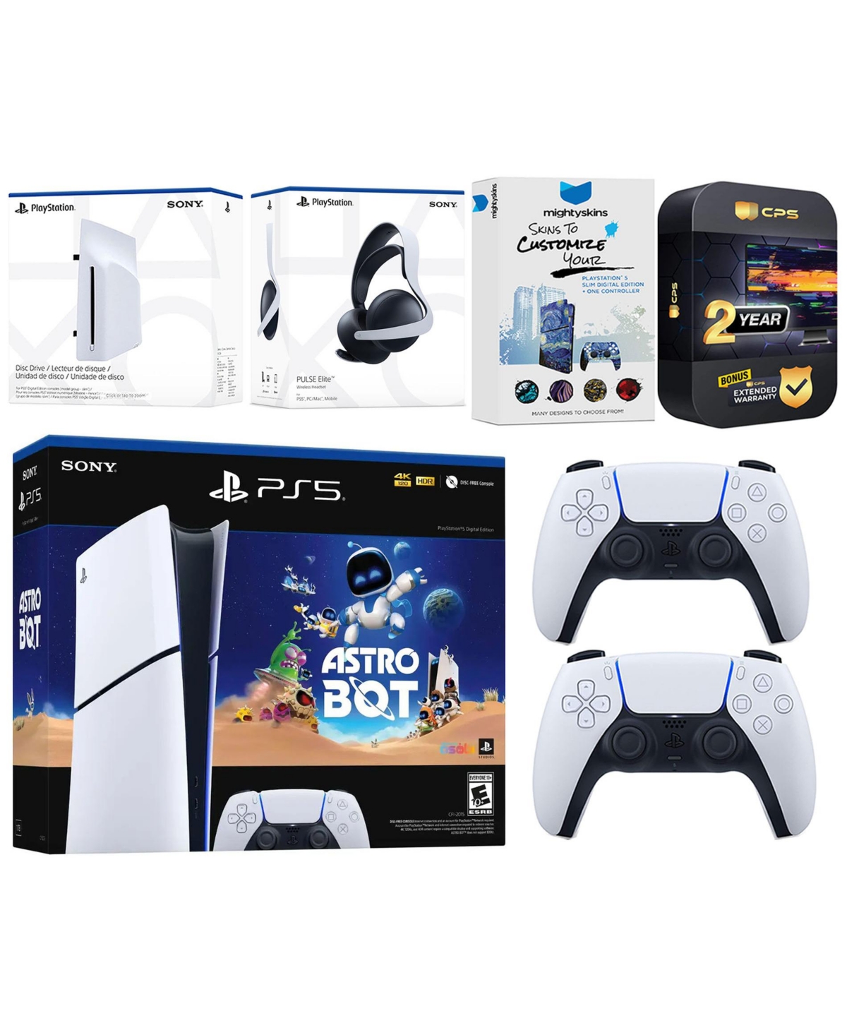 Sony PlayStation 5 Slim Digital Astro Bot Bundle with Disc Drive, Extra Controller, Pulse Elite Headset, MightySkins Voucher and 2 Year Extended Warra
