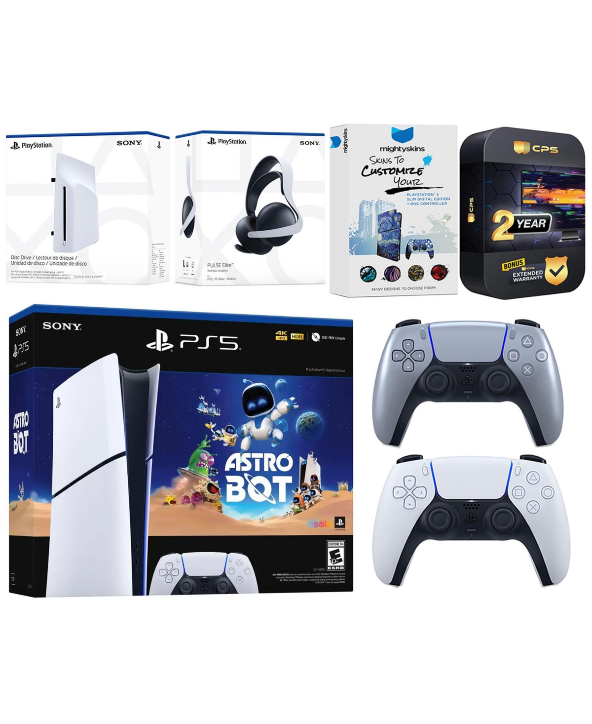 Sony PlayStation 5 Slim Digital Astro Bot Bundle with Disc Drive, Extra Controller, Pulse Elite Headset, MightySkins Voucher and 2 Year Extended Warra