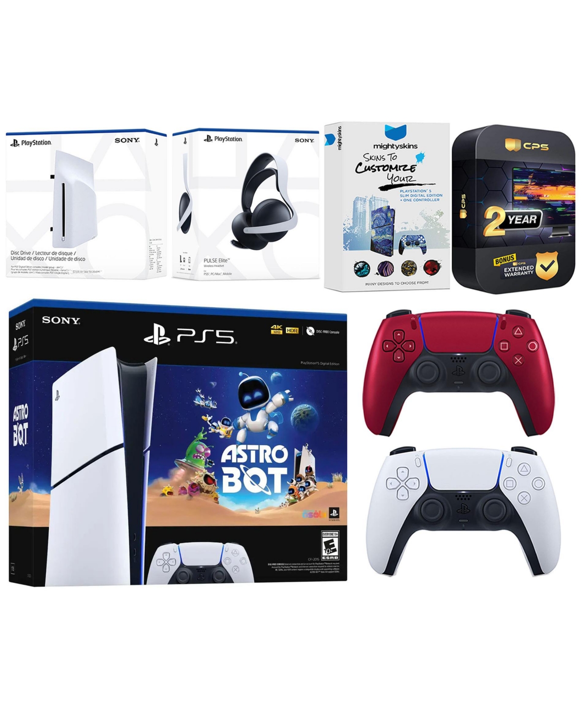 Sony PlayStation 5 Slim Digital Astro Bot Bundle with Disc Drive, Extra Controller, Pulse Elite Headset, MightySkins Voucher and 2 Year Extended Warra