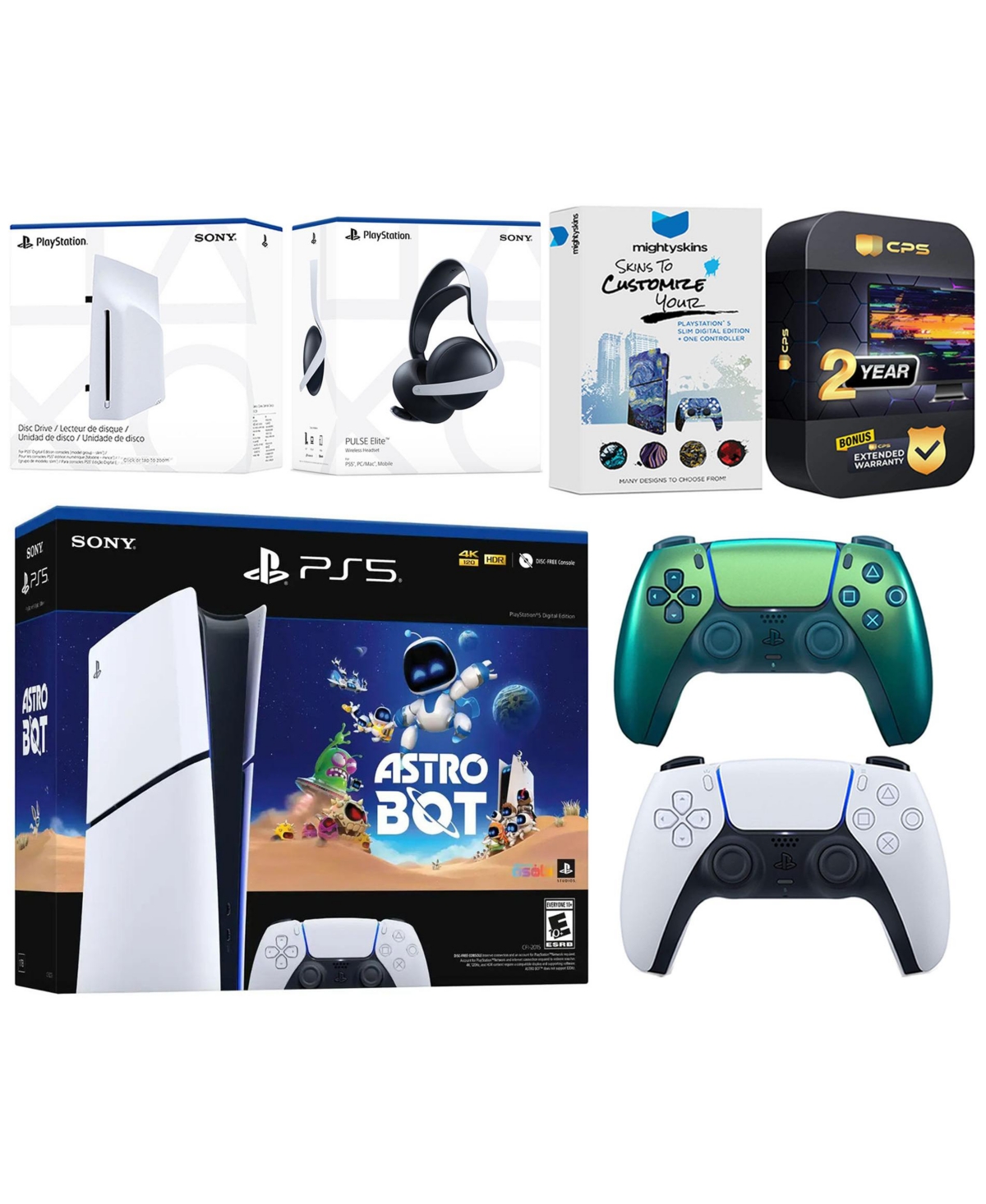 Sony PlayStation 5 Slim Digital Astro Bot Bundle with Disc Drive, Extra Controller, Pulse Elite Headset, MightySkins Voucher and 2 Year Extended Warra