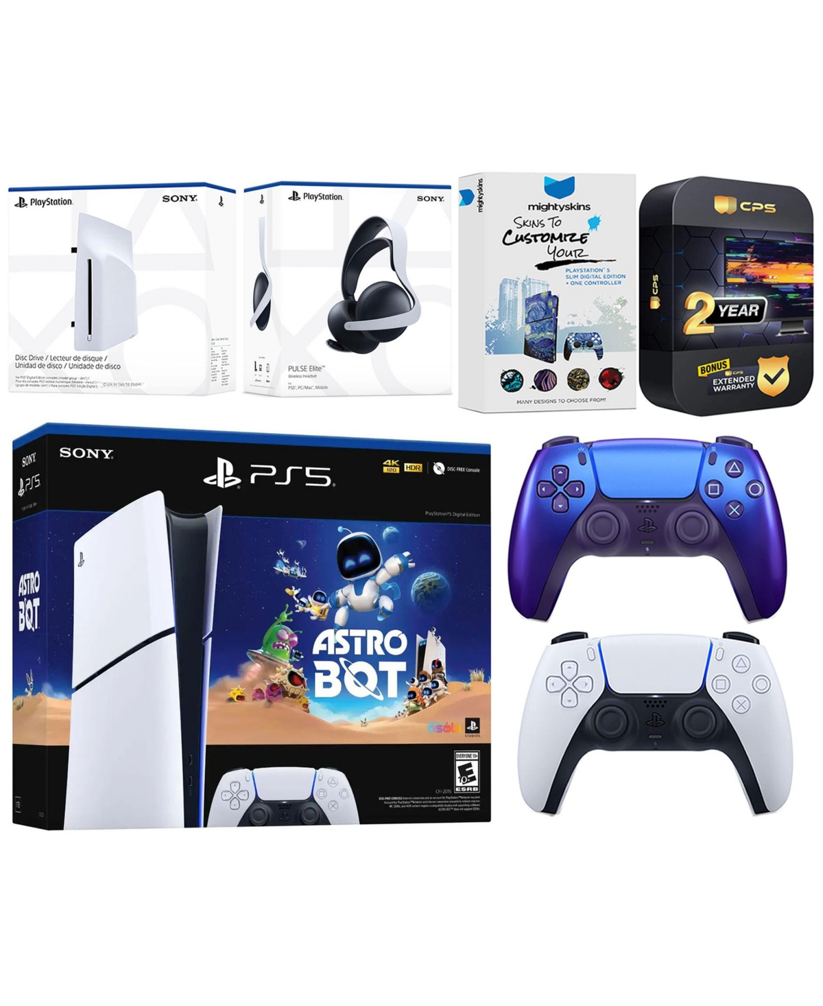 Sony PlayStation 5 Slim Digital Astro Bot Bundle with Disc Drive, Extra Controller, Pulse Elite Headset, MightySkins Voucher and 2 Year Extended Warra