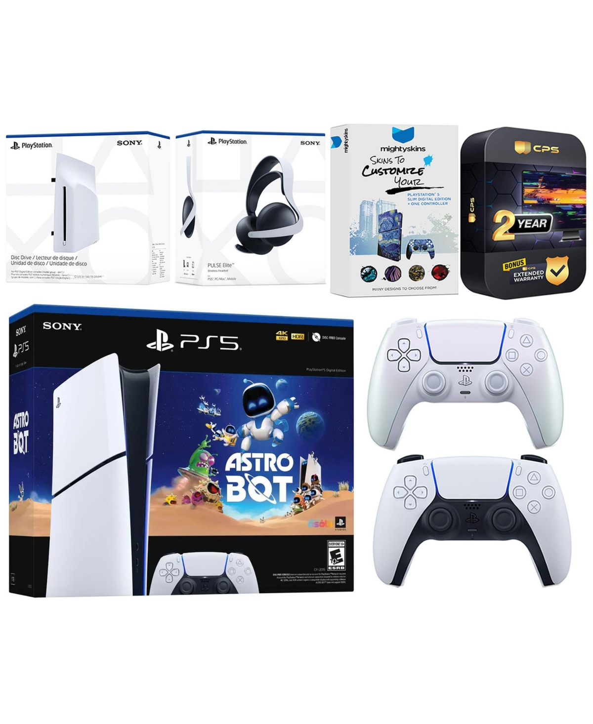 Sony PlayStation 5 Slim Digital Astro Bot Bundle with Disc Drive, Extra Controller, Pulse Elite Headset, MightySkins Voucher and 2 Year Extended Warra
