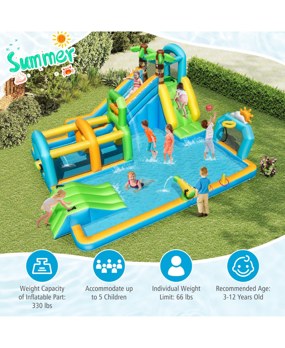 Gymax Inflatable Water Slide w/Splash Pool Climbing Wall Football Goal 735W Blower