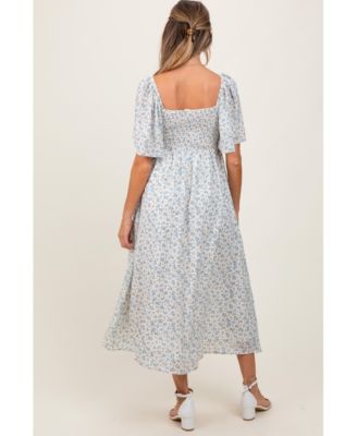 Blue Floral Front Tie Maternity Midi Dress