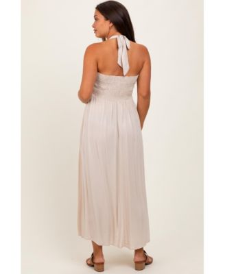 Cream Halter Neck Side Slit Maternity Midi Dress