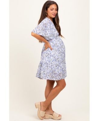 Women's Periwinkle Floral V-Neck Flutter Sleeve Maternity Mini Dress