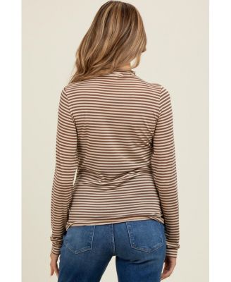 Mocha Striped High Neck Maternity Long Sleeve Top