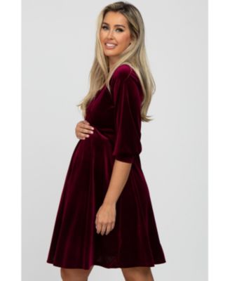 Maternity Green Velvet Wrap Front Babydoll Dress