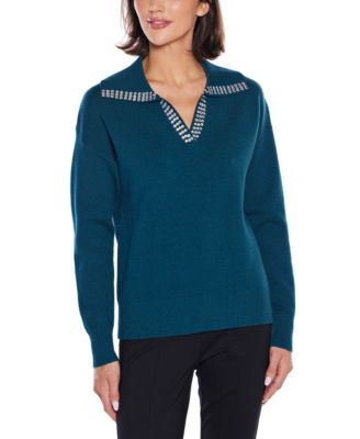 Rhinestone-Trimmed Split-Neck Sweater