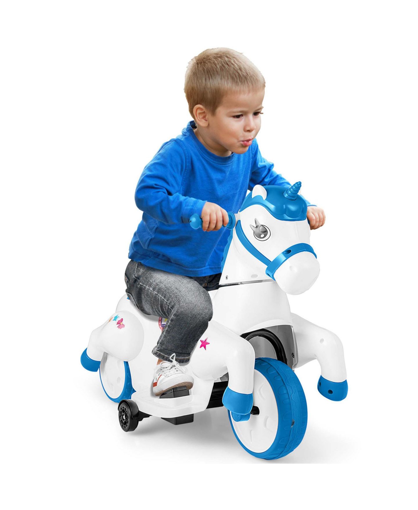 Детская игрушка Costway 12V Kids Ride on Unicorn Toy with Training Wheels Music One-button, цвет: Синий — фото 10