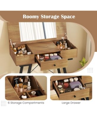 38" Flip-Top Makeup Dressing Table with Metal Frame  Charging Station & Storage Vanity Desk with Mirror,