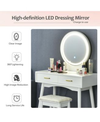 Small Vanity Desk with Mirror and Lights, Makeup Table with 4 Drawers, Vanity Stool, Round Lighted Mirror, 3 Color Modes, Dressing Table Set