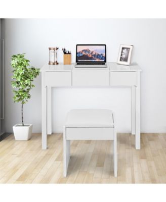 2-Pc. Wood Flip-Top Mirror Vanity Dressing Table Set with Cushioned Stool