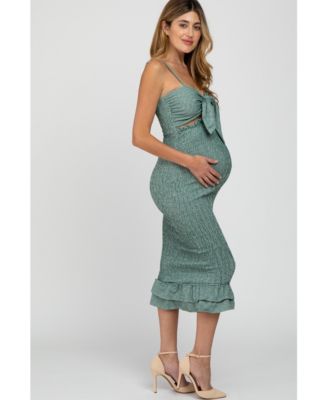 Women's Green Gingham Print Smocked Fitted Self-Tie Maternity Midi Dress