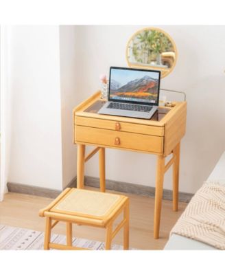 Bamboo Makeup Vanity Table with Stool and Rotating Mirror