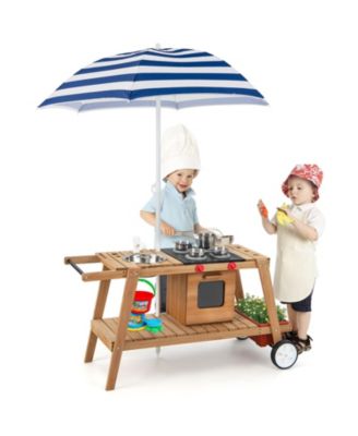 Kid's Play Trolley Outdoor Wooden Kids Play Cart with Sun Umbrella for Toddlers 3+