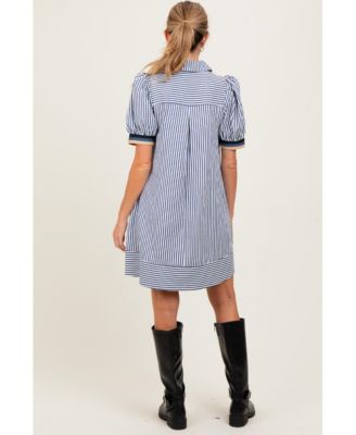Maternity Navy Blue Striped Puff Sleeve Mini Shirt Dress