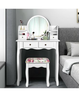 360° Rotatable Mirror, Waterproof Surface & 4-Drawer Storage Vanity Table Set Includes Floral Stool