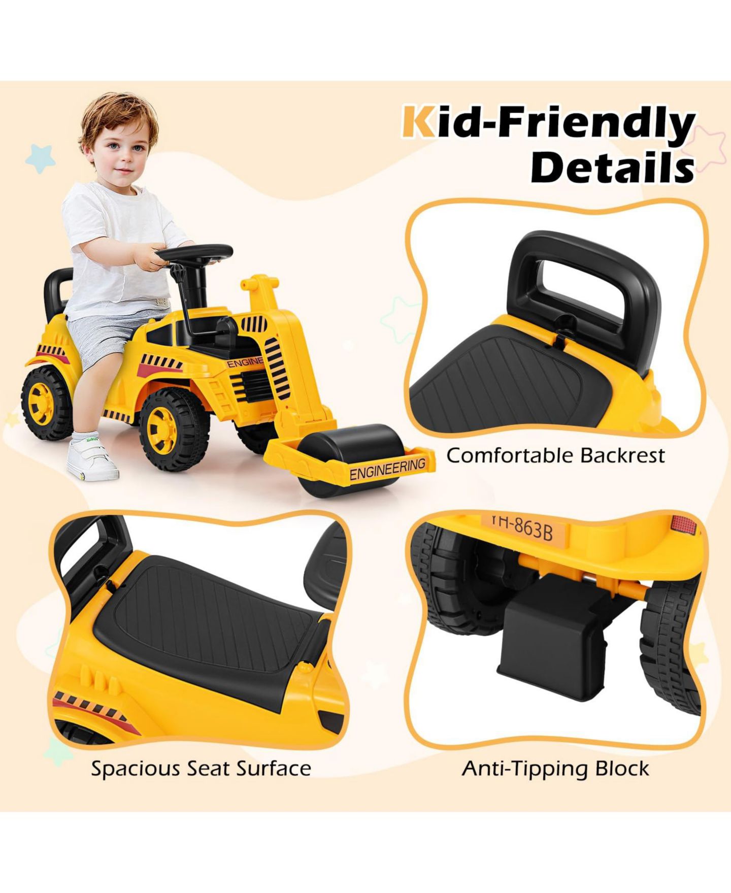 Детская игрушка Mecale Toddler Ride-On with Adjustable Roller, Under-Seat Storage & Anti-Tip Design, Ages 19-36 Months, цвет: Жёлтый — фото 6