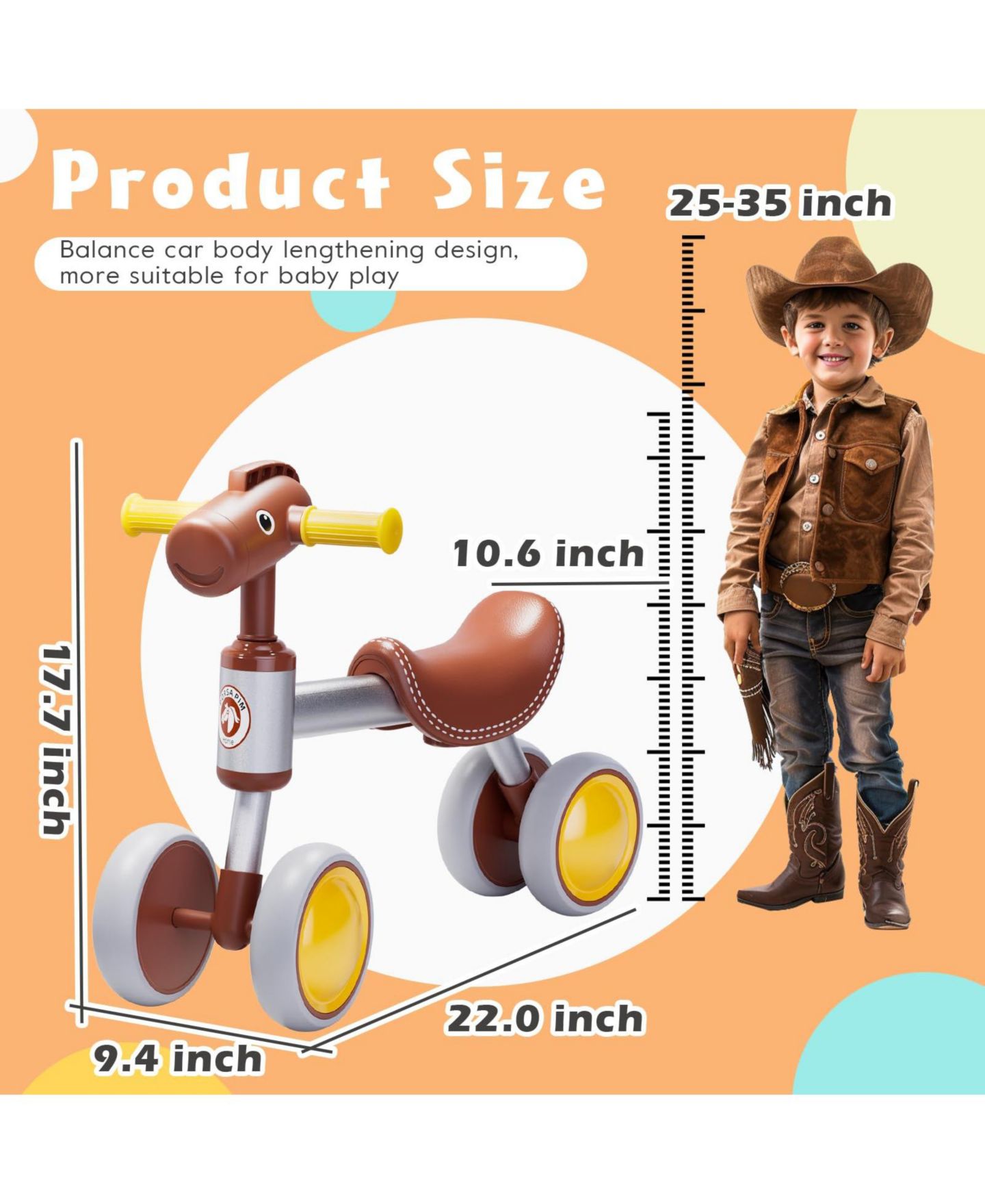 Детская игрушка Mecale Baby Balance Bike No Pedal 4-Wheel Bicycle, цвет: Коричневый — фото 3