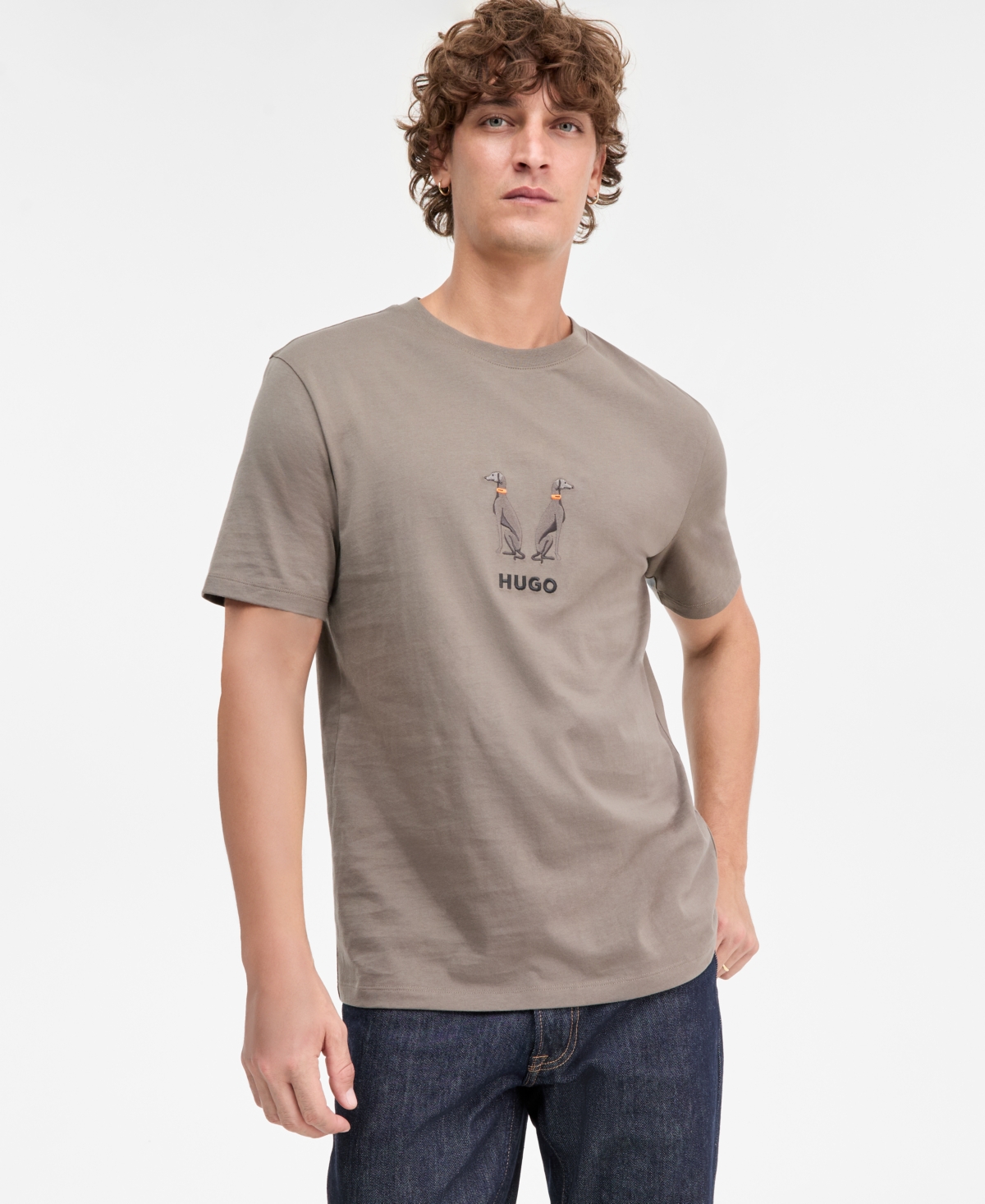 Hugo Boss Men's Dugolini Short-Sleeve Embroidered Logo Dogs Cotton T-Shirt