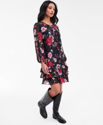 Petite Floral Long-Sleeve Tiered-Hem Dress