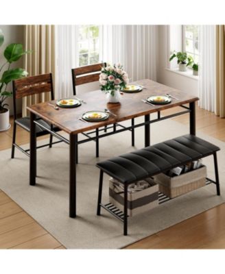 Dining Table Set for 4 with Upholstered Bench and 2 Chairs, Brown
