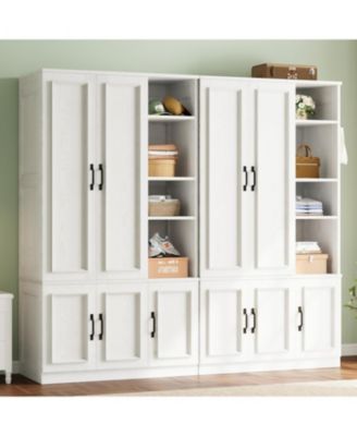 Wooden Wardrobe with 4 Storage Shelves and Hanging Rod