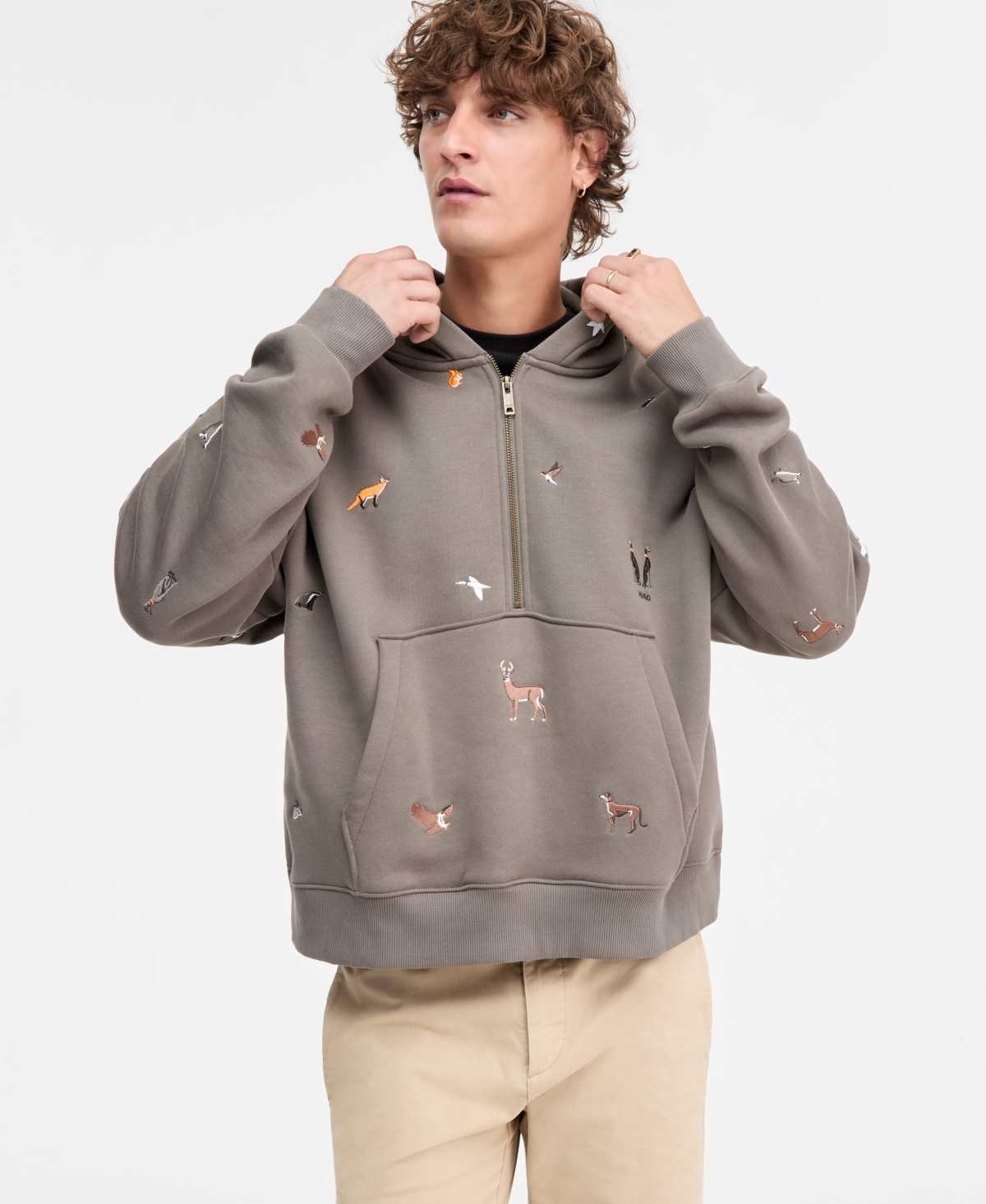 Hugo Boss Men's Dilanora Oversized Embroidered Animals Half-Zip Hoodie