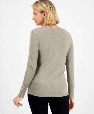 Women's Button-Sleeve Crewneck Sweater, Created for Macy's