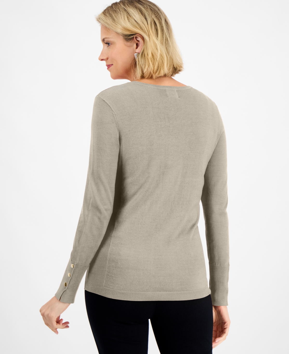 Jm Collection Women's Button-sleeve Crewneck Sweater, Created For Macy's In Gray