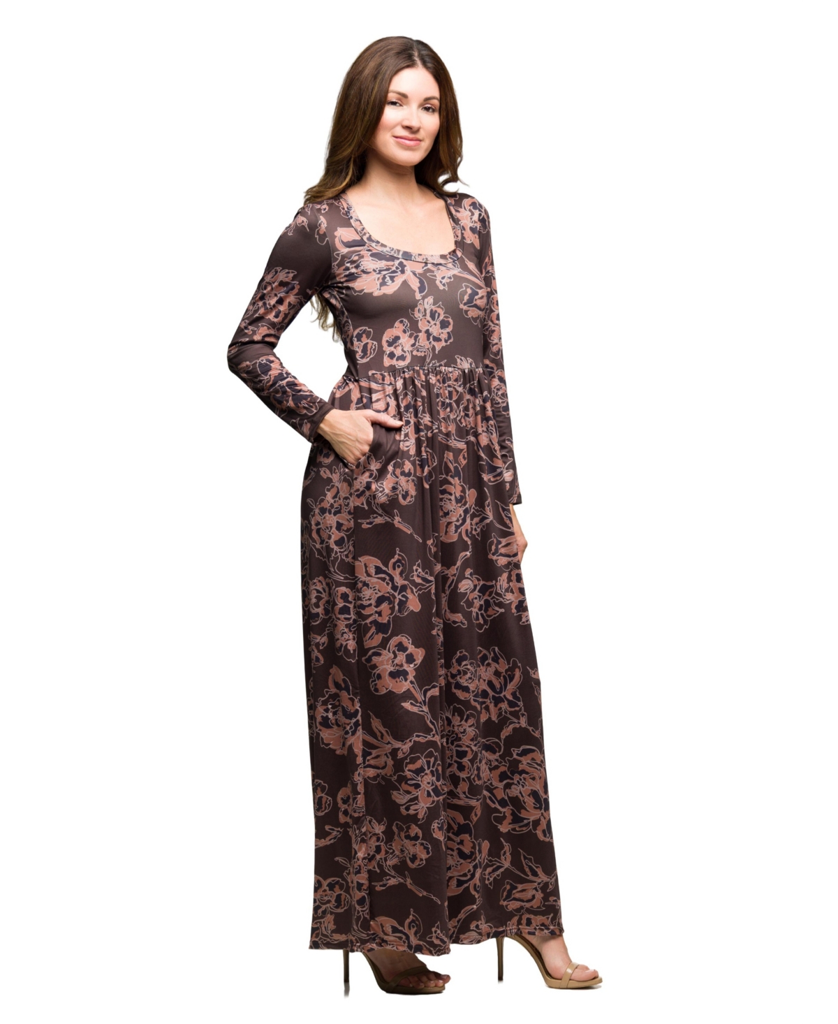 24seven Comfort Apparel Floral Long Sleeve Scoop Neck Maxi Dress In Multi
