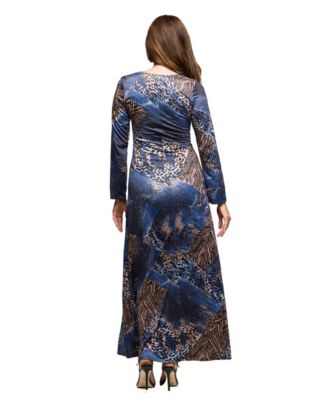 Women's Blue Animal Print Long Sleeve Scoop Neck Maxi Dress
