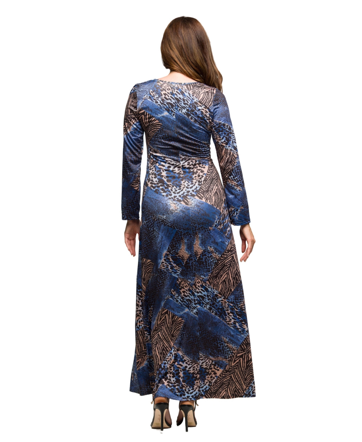 24seven Comfort Apparel Women's Blue Animal Print Long Sleeve Scoop Neck Maxi Dress In Blue