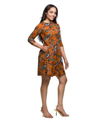 Women's Rust Paisley Print Fit Flare Knee Length Dress