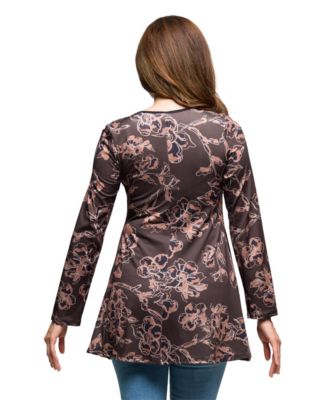 Women's Brown Floral Print Long Sleeve Tunic Top