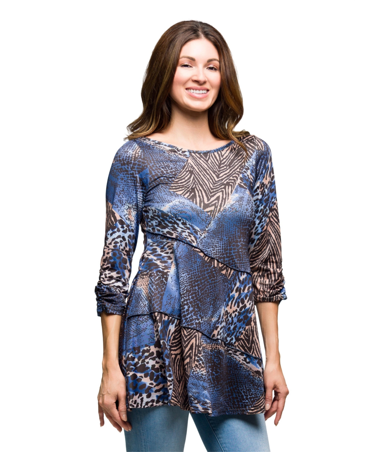 24seven Comfort Apparel Three Quarter Sleeve Tunic Top Animal Print In Multi