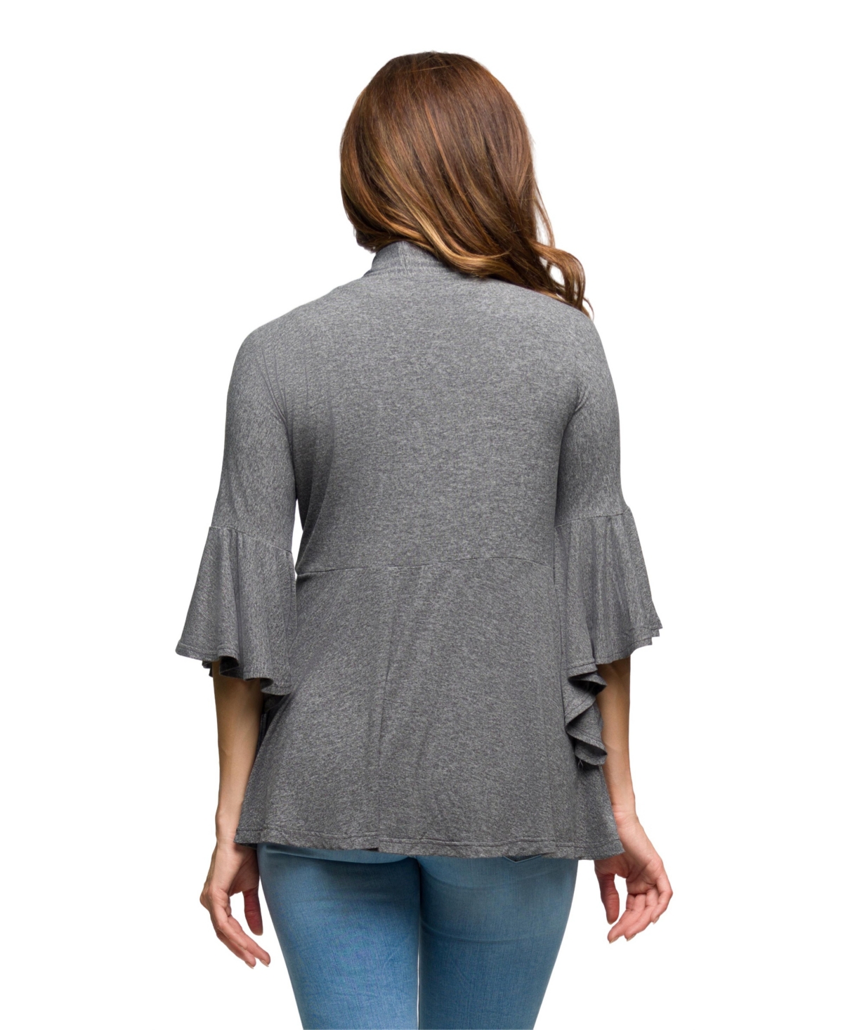 24seven Comfort Apparel Tie Front Bell Sleeve Cardigan In Gray