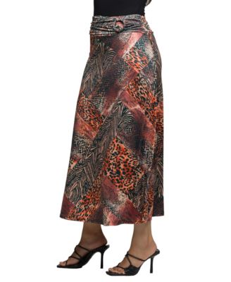 Women's Brown Animal Patchwork Print Maxi Skirt