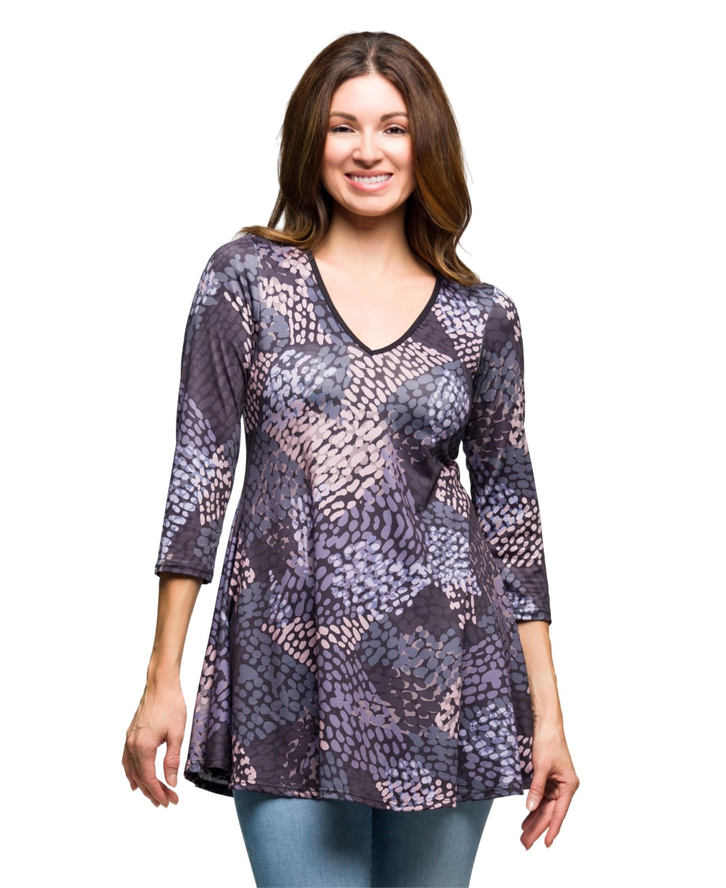 Женский топ 24seven Comfort Apparel Gray Abstract Print V Neck three quarter Sleeve Tunic Top, цвет: Серый разноцветный — фото 1